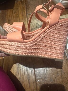 Guess Coral Pink Wedge Espadrille Sandals